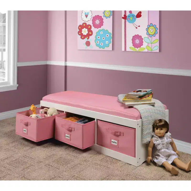 Panca contenitore per bambini con cuscino e tre contenitori bianco con rosa