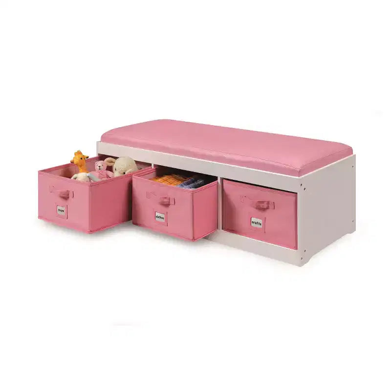 Panca contenitore per bambini con cuscino e tre contenitori bianco con rosa