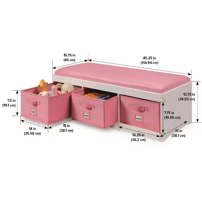 Panca contenitore per bambini con cuscino e tre contenitori bianco con rosa