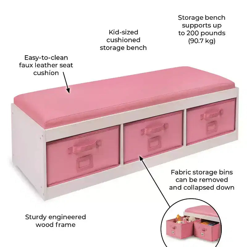 Panca contenitore per bambini con cuscino e tre contenitori bianco con rosa