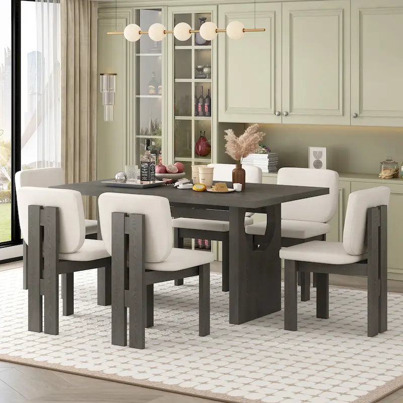 Juego de comedor de 7 piezas, juego de mesa de cocina de madera maciza con mesa rectangular, base de caballete diseñada y 6 sillas tapizadas