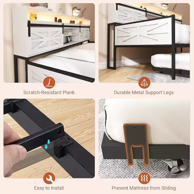 Zevemomo Letto singolo a due piazze con rotelle, testiera scorrevole a doppia anta, stazione di ricarica e luce a LED per camera da letto, bianco