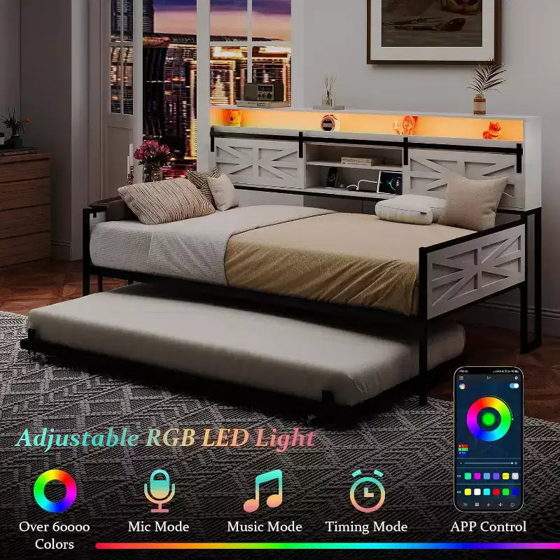 Zevemomo Letto singolo a due piazze con rotelle, testiera scorrevole a doppia anta, stazione di ricarica e luce a LED per camera da letto, bianco