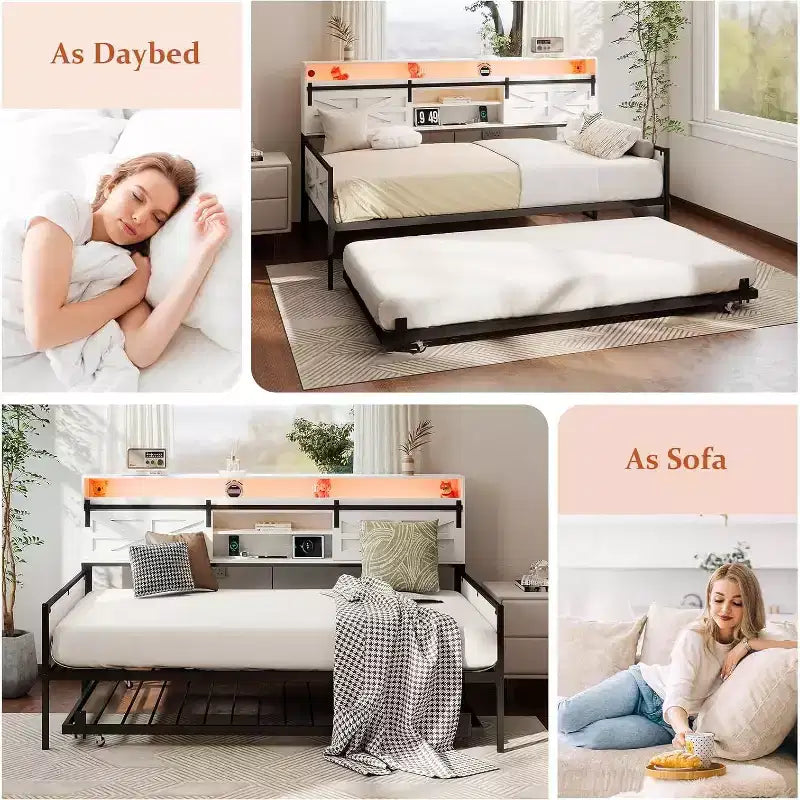 Zevemomo Letto singolo a due piazze con rotelle, testiera scorrevole a doppia anta, stazione di ricarica e luce a LED per camera da letto, bianco