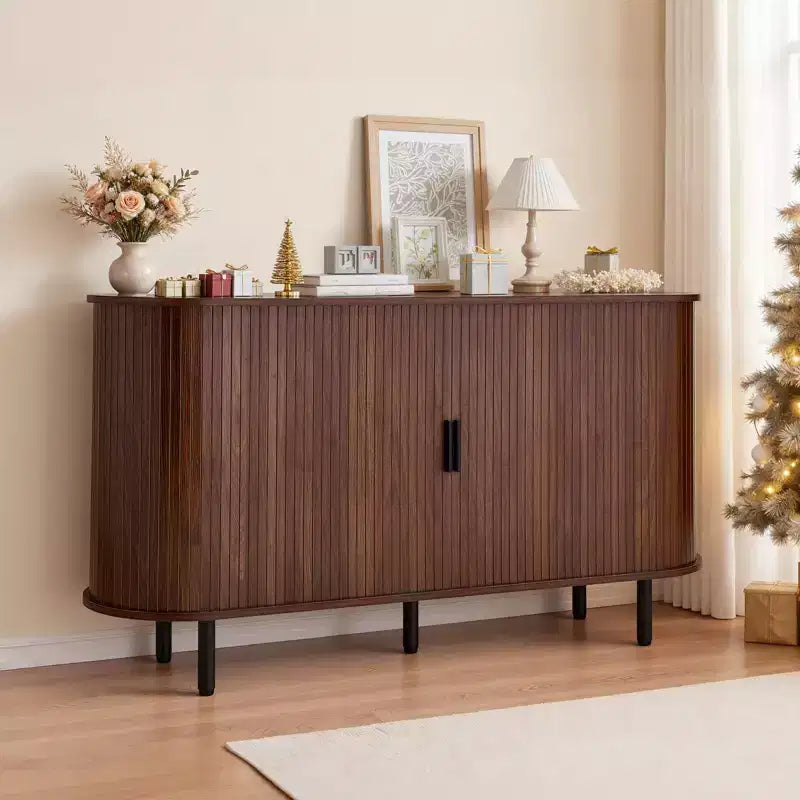 Mobiletto da Caffè VEVOR, Tavolino da Caffè Scanalato di Metà Secolo, Credenza con 2 Ante Scorrevoli, Buffet, Noce