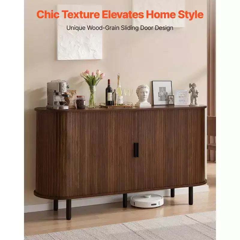 Mobiletto da Caffè VEVOR, Tavolino da Caffè Scanalato di Metà Secolo, Credenza con 2 Ante Scorrevoli, Buffet, Noce