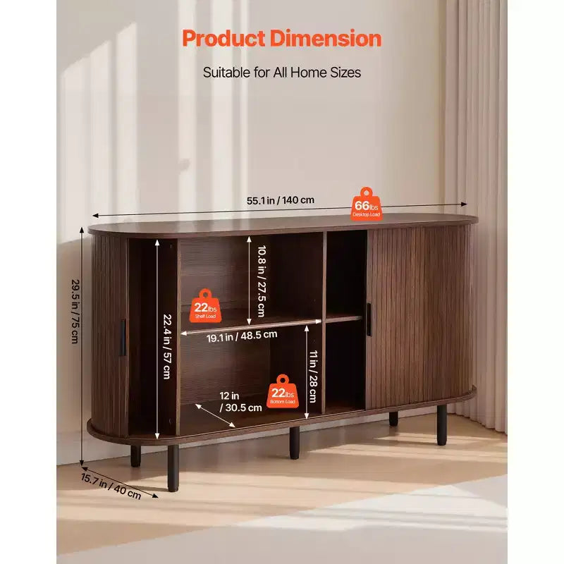 Mobiletto da Caffè VEVOR, Tavolino da Caffè Scanalato di Metà Secolo, Credenza con 2 Ante Scorrevoli, Buffet, Noce
