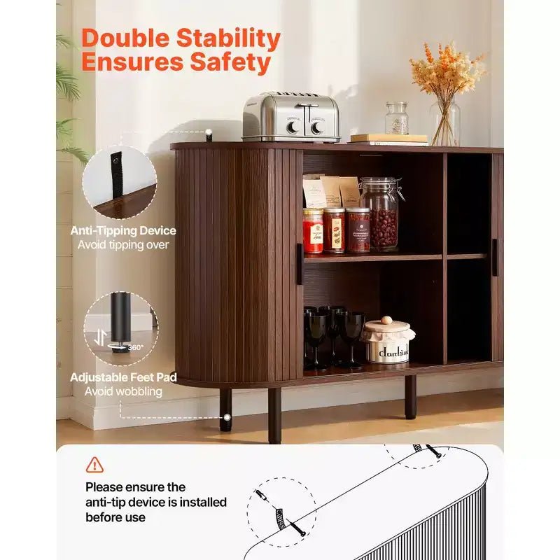 Mobiletto da Caffè VEVOR, Tavolino da Caffè Scanalato di Metà Secolo, Credenza con 2 Ante Scorrevoli, Buffet, Noce