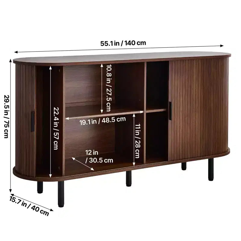 Mobiletto da Caffè VEVOR, Tavolino da Caffè Scanalato di Metà Secolo, Credenza con 2 Ante Scorrevoli, Buffet, Noce