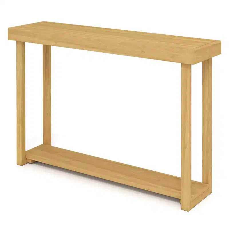 Tavolo Consolle Costway 47 in Legno Massello, Tavolo da Divano Stretto in Stile Rustico a 2 Ripiani con Struttura in Legno Teak Naturale-47/46/57/71