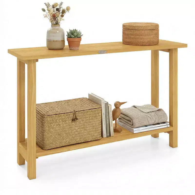 Tavolo Consolle Costway 47 in Legno Massello, Tavolo da Divano Stretto in Stile Rustico a 2 Ripiani con Struttura in Legno Teak Naturale-47/46/57/71
