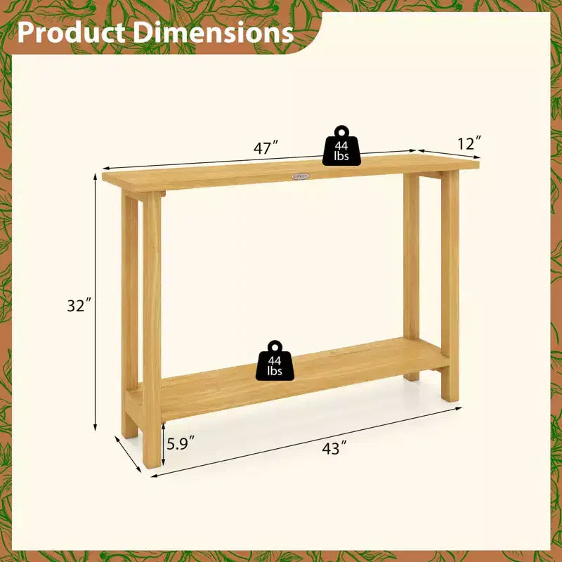 Tavolo Consolle Costway 47 in Legno Massello, Tavolo da Divano Stretto in Stile Rustico a 2 Ripiani con Struttura in Legno Teak Naturale-47/46/57/71