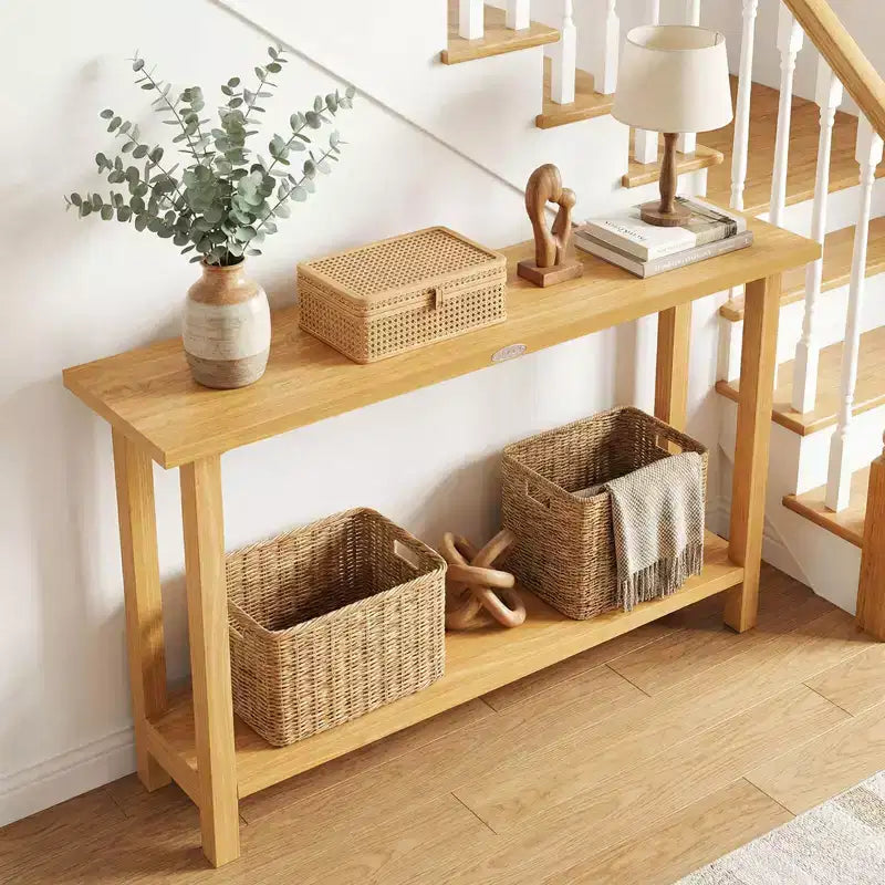 Tavolo Consolle Costway 47 in Legno Massello, Tavolo da Divano Stretto in Stile Rustico a 2 Ripiani con Struttura in Legno Teak Naturale-47/46/57/71