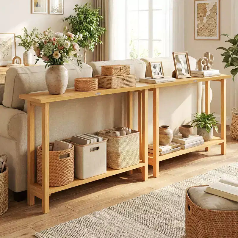 Tavolo Consolle Costway 47 in Legno Massello, Tavolo da Divano Stretto in Stile Rustico a 2 Ripiani con Struttura in Legno Teak Naturale-47/46/57/71