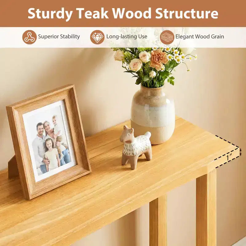 Tavolo Consolle Costway 47 in Legno Massello, Tavolo da Divano Stretto in Stile Rustico a 2 Ripiani con Struttura in Legno Teak Naturale-47/46/57/71