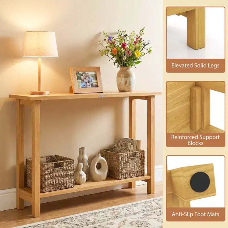 Tavolo Consolle Costway 47 in Legno Massello, Tavolo da Divano Stretto in Stile Rustico a 2 Ripiani con Struttura in Legno Teak Naturale-47/46/57/71