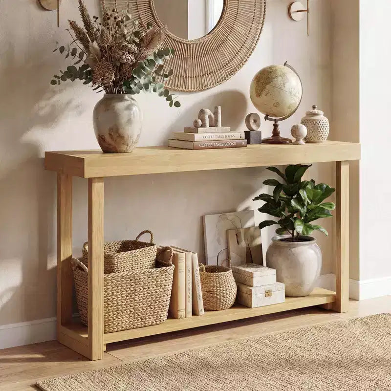 Tavolo Consolle Costway 47 in Legno Massello, Tavolo da Divano Stretto in Stile Rustico a 2 Ripiani con Struttura in Legno Teak Naturale-47/46/57/71