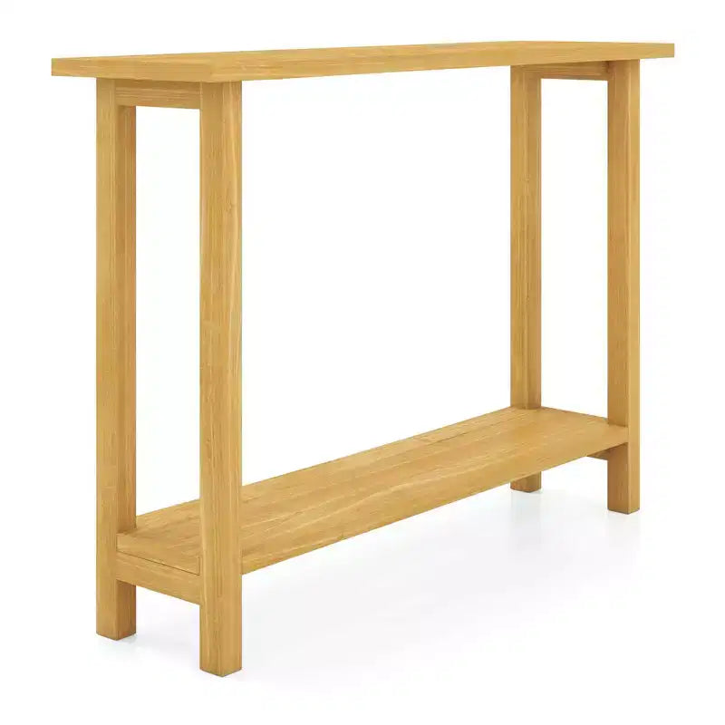 Tavolo Consolle Costway 47 in Legno Massello, Tavolo da Divano Stretto in Stile Rustico a 2 Ripiani con Struttura in Legno Teak Naturale-47/46/57/71