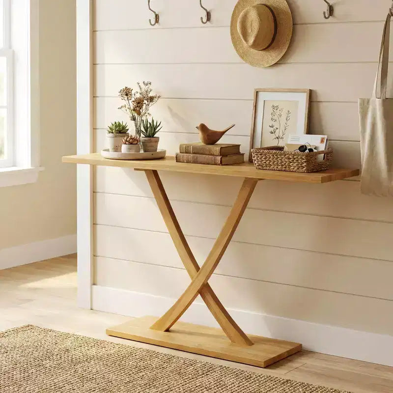 Tavolo Consolle Costway 47 in Legno Massello, Tavolo da Divano Stretto in Stile Rustico a 2 Ripiani con Struttura in Legno Teak Naturale-47/46/57/71