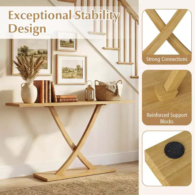 Tavolo Consolle Costway 47 in Legno Massello, Tavolo da Divano Stretto in Stile Rustico a 2 Ripiani con Struttura in Legno Teak Naturale-47/46/57/71