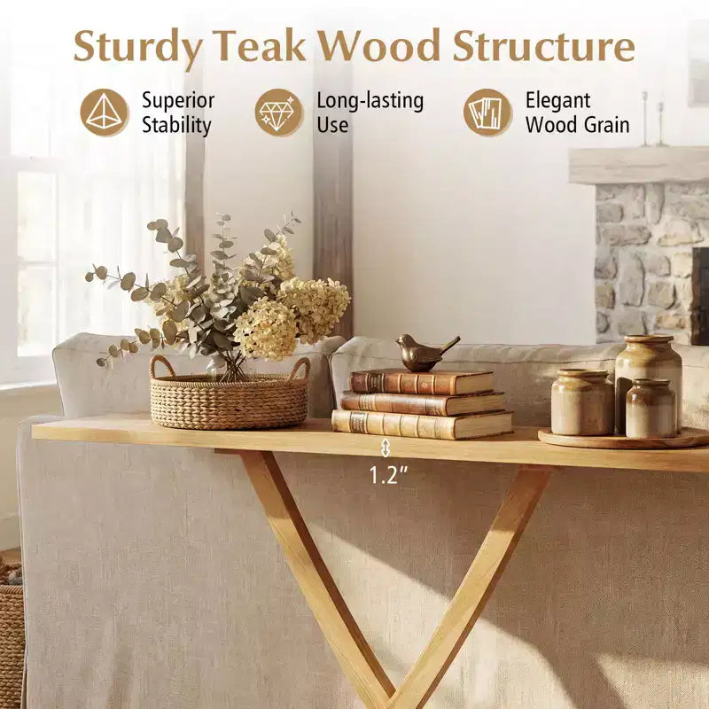 Tavolo Consolle Costway 47 in Legno Massello, Tavolo da Divano Stretto in Stile Rustico a 2 Ripiani con Struttura in Legno Teak Naturale-47/46/57/71
