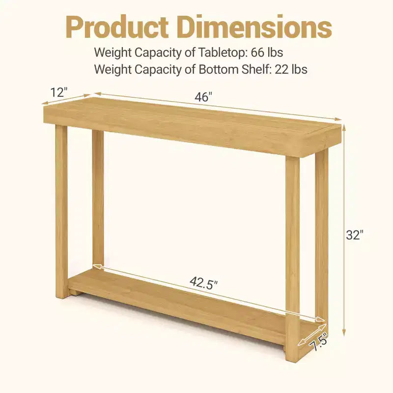Tavolo Consolle Costway 47 in Legno Massello, Tavolo da Divano Stretto in Stile Rustico a 2 Ripiani con Struttura in Legno Teak Naturale-47/46/57/71