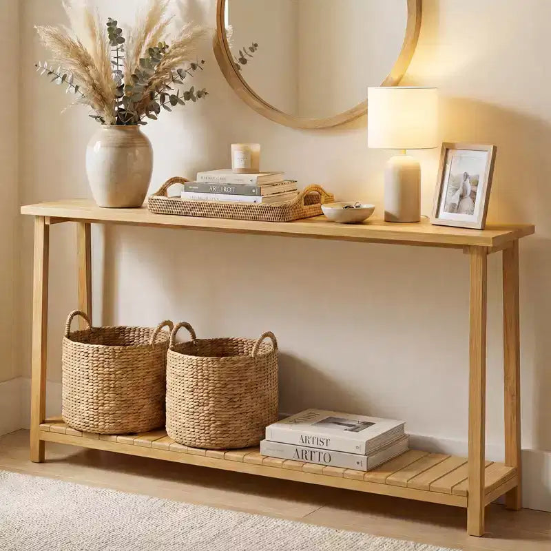 Tavolo Consolle Costway 47 in Legno Massello, Tavolo da Divano Stretto in Stile Rustico a 2 Ripiani con Struttura in Legno Teak Naturale-47/46/57/71