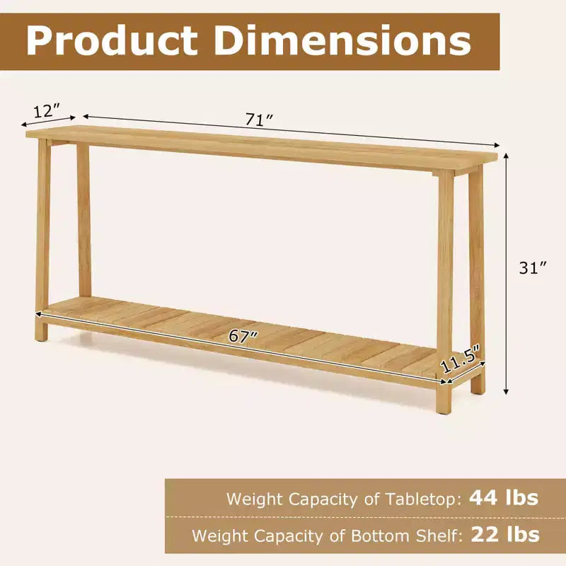 Tavolo Consolle Costway 47 in Legno Massello, Tavolo da Divano Stretto in Stile Rustico a 2 Ripiani con Struttura in Legno Teak Naturale-47/46/57/71