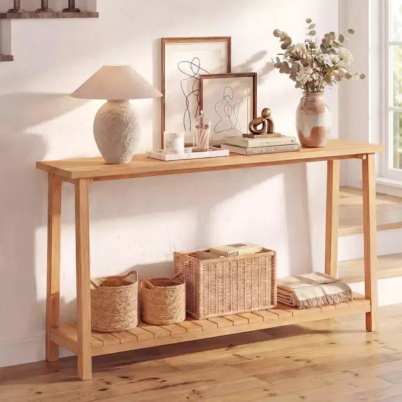 Tavolo Consolle Costway 47 in Legno Massello, Tavolo da Divano Stretto in Stile Rustico a 2 Ripiani con Struttura in Legno Teak Naturale-47/46/57/71