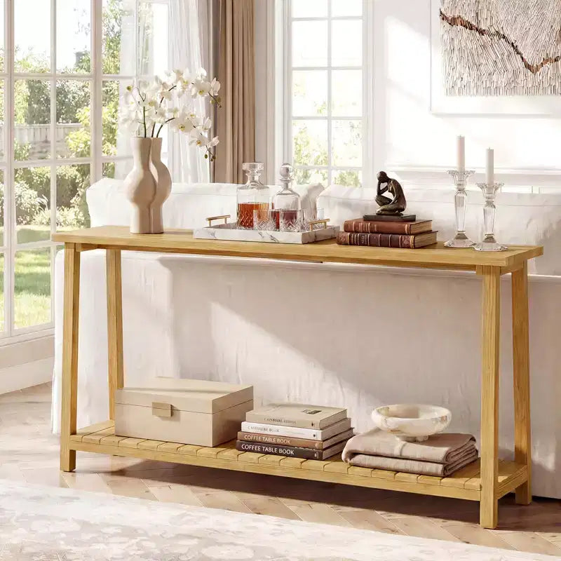 Tavolo Consolle Costway 47 in Legno Massello, Tavolo da Divano Stretto in Stile Rustico a 2 Ripiani con Struttura in Legno Teak Naturale-47/46/57/71