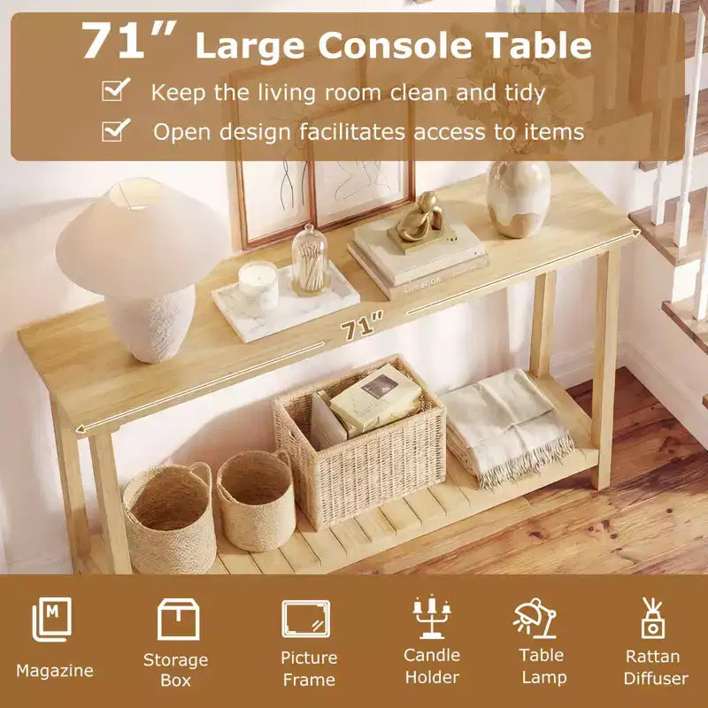 Tavolo Consolle Costway 47 in Legno Massello, Tavolo da Divano Stretto in Stile Rustico a 2 Ripiani con Struttura in Legno Teak Naturale-47/46/57/71