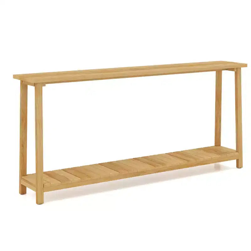 Tavolo Consolle Costway 47 in Legno Massello, Tavolo da Divano Stretto in Stile Rustico a 2 Ripiani con Struttura in Legno Teak Naturale-47/46/57/71