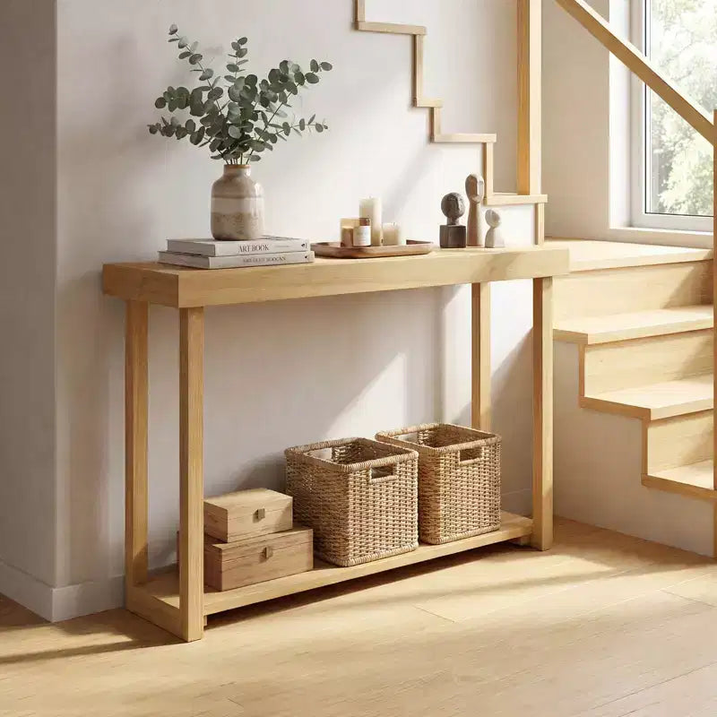 Tavolo Consolle Costway 47 in Legno Massello, Tavolo da Divano Stretto in Stile Rustico a 2 Ripiani con Struttura in Legno Teak Naturale-47/46/57/71