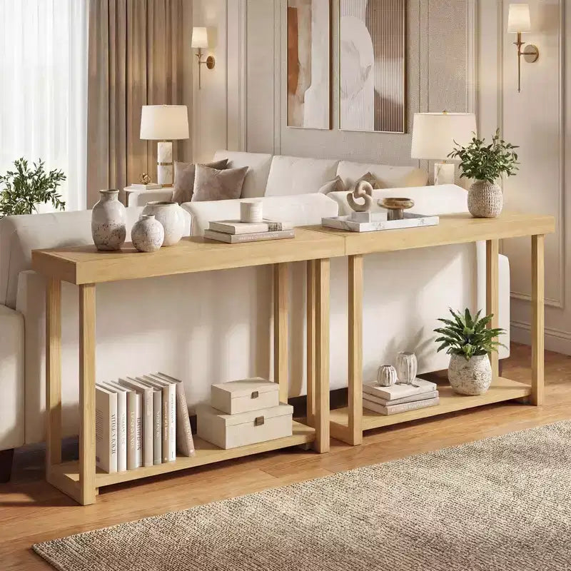 Tavolo Consolle Costway 47 in Legno Massello, Tavolo da Divano Stretto in Stile Rustico a 2 Ripiani con Struttura in Legno Teak Naturale-47/46/57/71