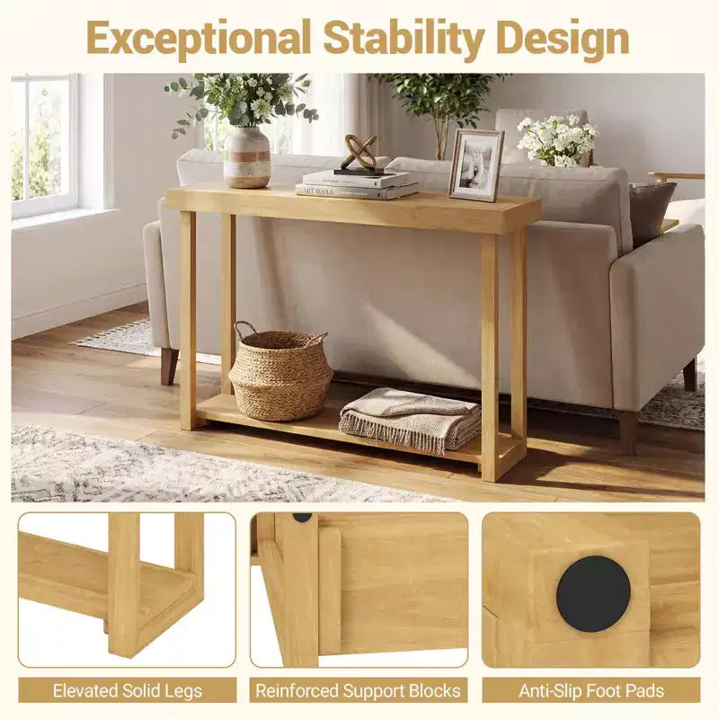 Tavolo Consolle Costway 47 in Legno Massello, Tavolo da Divano Stretto in Stile Rustico a 2 Ripiani con Struttura in Legno Teak Naturale-47/46/57/71