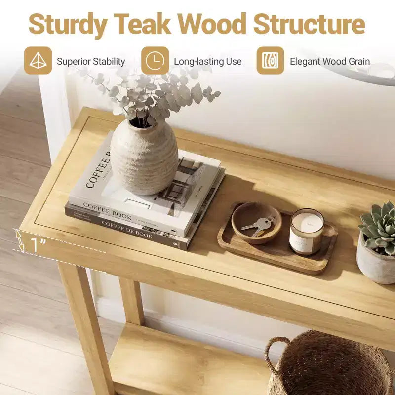 Tavolo Consolle Costway 47 in Legno Massello, Tavolo da Divano Stretto in Stile Rustico a 2 Ripiani con Struttura in Legno Teak Naturale-47/46/57/71