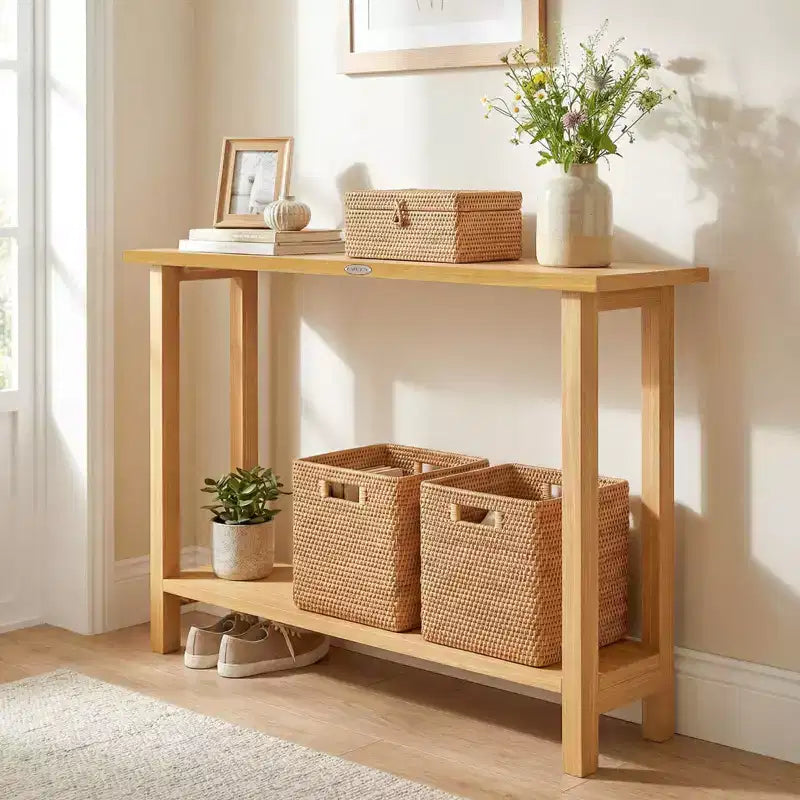 Costway Mesa Consola de Madera Maciza de 47", Mesa Estrecha de Sofá de Granja de 2 Niveles con Estructura de Madera de Teca Natural-47/46/57/71