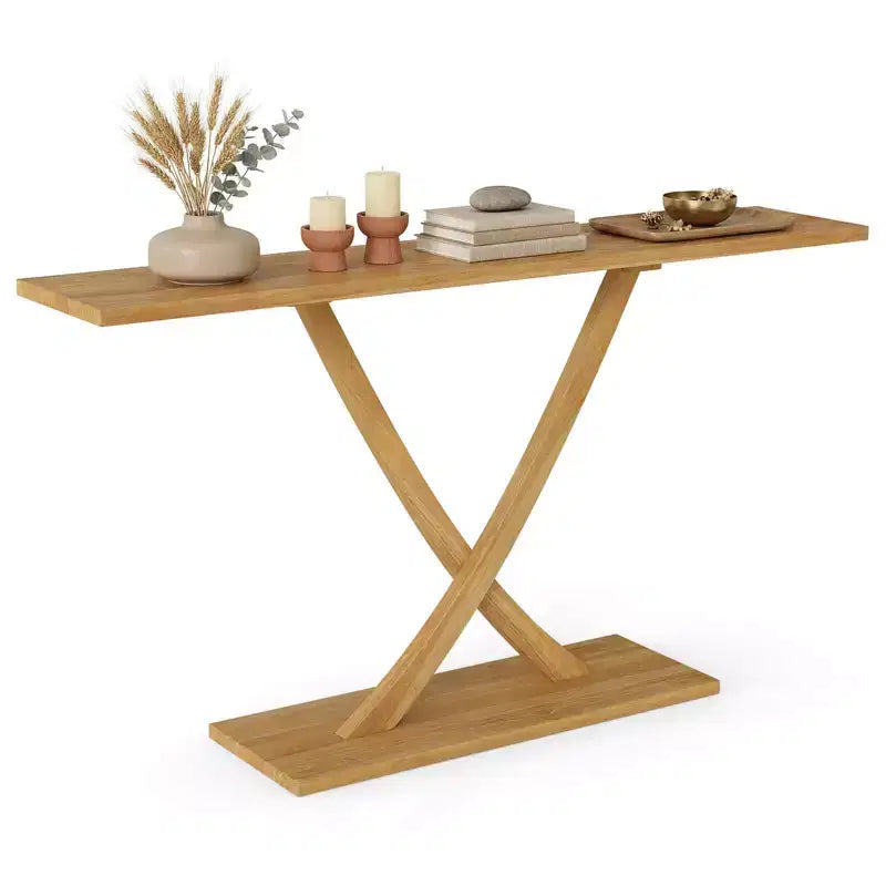 Costway Mesa Consola de Madera Maciza de 47", Mesa Estrecha de Sofá de Granja de 2 Niveles con Estructura de Madera de Teca Natural-47/46/57/71