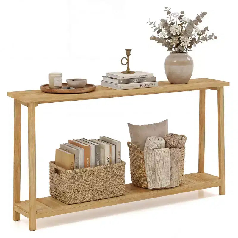 Costway Mesa Consola de Madera Maciza de 47", Mesa Estrecha de Sofá de Granja de 2 Niveles con Estructura de Madera de Teca Natural-47/46/57/71