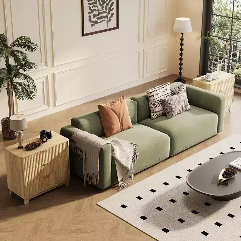 Comodino scanalato con cassettiera a 3 cassetti, comodino contenitore moderno, tavolino da letto da 68 cm di larghezza con maniglia in metallo, rovere naturale