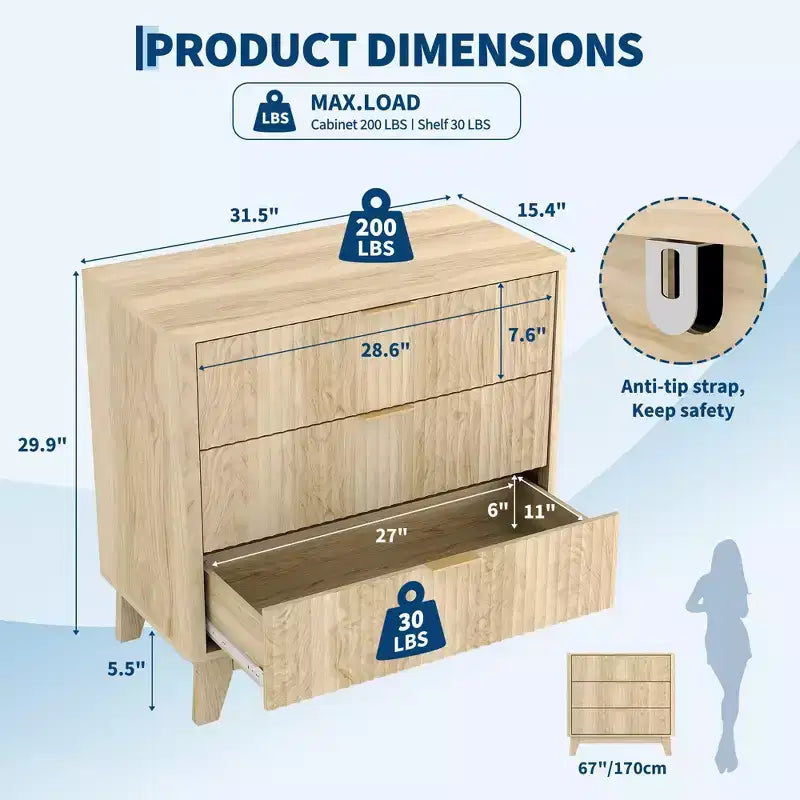 Comodino scanalato con cassettiera a 3 cassetti, comodino contenitore moderno, tavolino da letto da 68 cm di larghezza con maniglia in metallo, rovere naturale