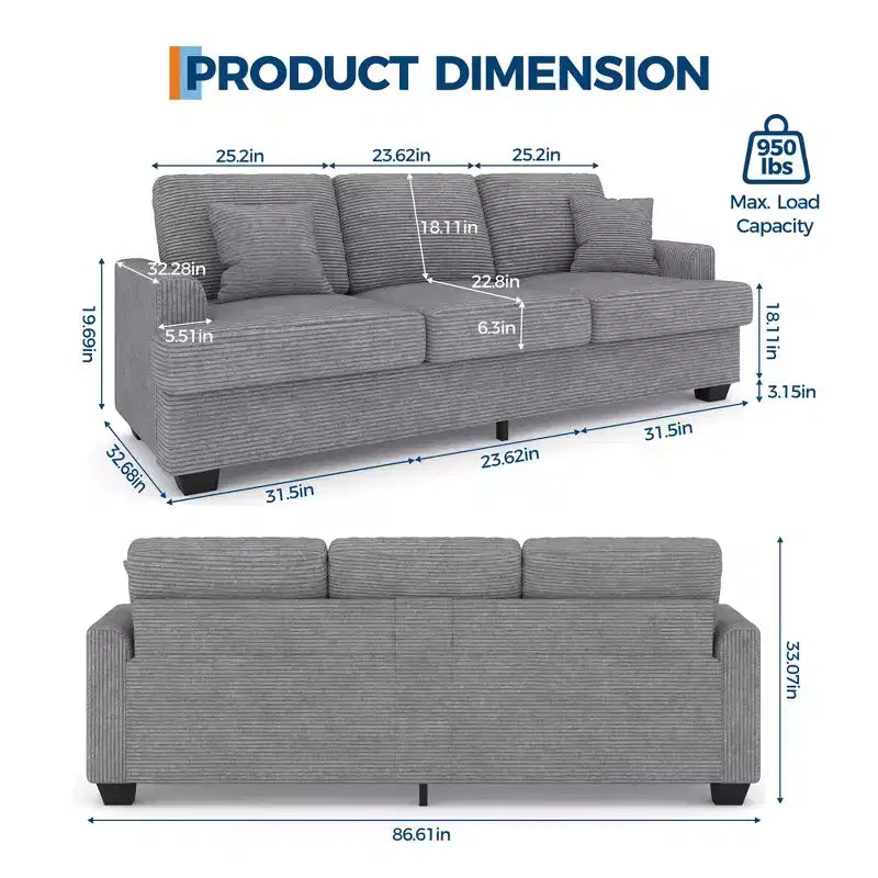 Divano 86 in pelle/velluto a coste, divano moderno a seduta profonda con 2 cuscini decorativi, cuscino imbottito e fodera rimovibile per piccoli spazi, appartamento e soggiorno