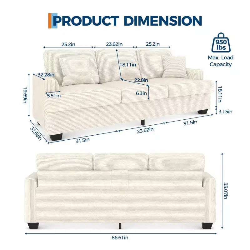 Divano 86 in pelle/velluto a coste, divano moderno a seduta profonda con 2 cuscini decorativi, cuscino imbottito e fodera rimovibile per piccoli spazi, appartamento e soggiorno