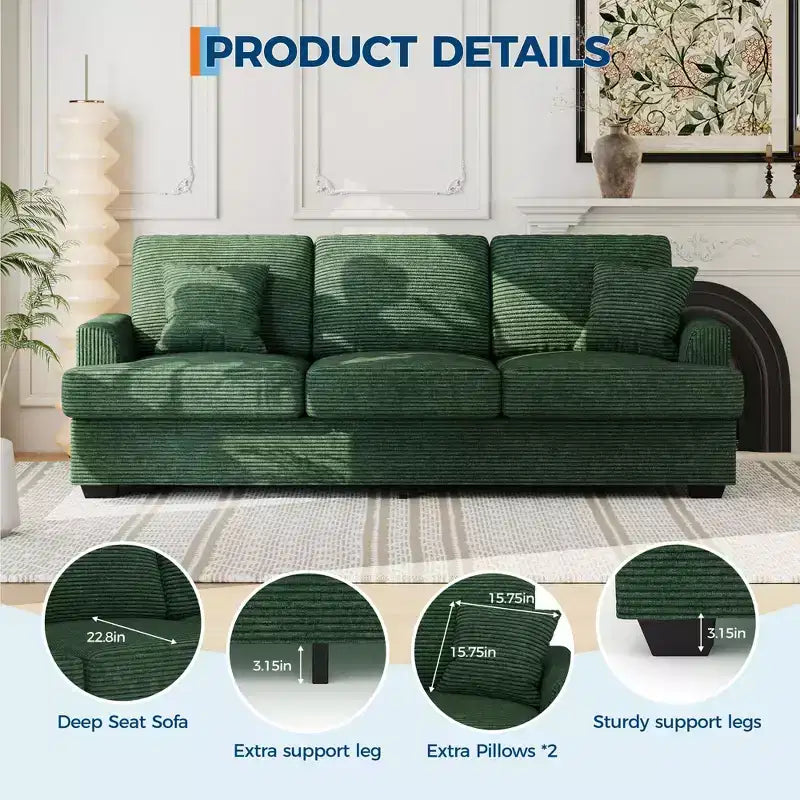 Divano 86 in pelle/velluto a coste, divano moderno a seduta profonda con 2 cuscini decorativi, cuscino imbottito e fodera rimovibile per piccoli spazi, appartamento e soggiorno