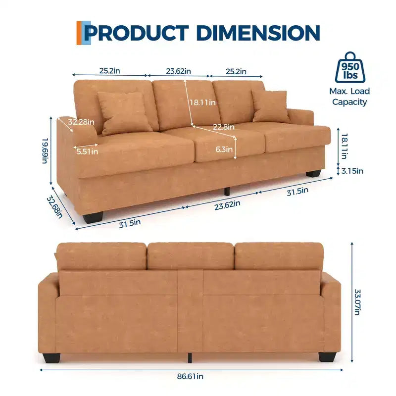 Divano 86 in pelle/velluto a coste, divano moderno a seduta profonda con 2 cuscini decorativi, cuscino imbottito e fodera rimovibile per piccoli spazi, appartamento e soggiorno