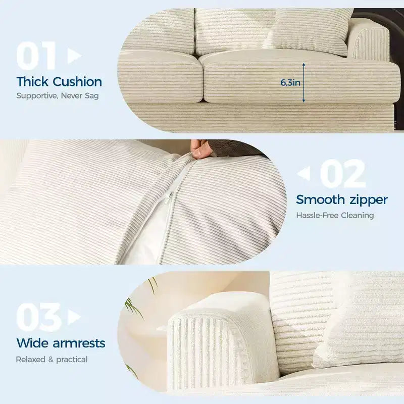 Divano 86 in pelle/velluto a coste, divano moderno a seduta profonda con 2 cuscini decorativi, cuscino imbottito e fodera rimovibile per piccoli spazi, appartamento e soggiorno