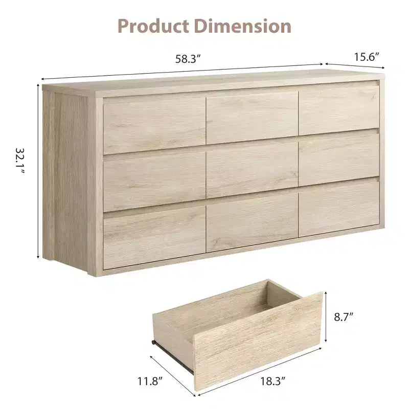 Cassettiera a 9 cassetti larga in legno moderna - Grande cassettiera per camera da letto, soggiorno e ingresso