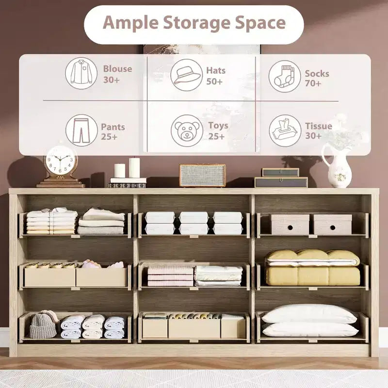 Cassettiera a 9 cassetti larga in legno moderna - Grande cassettiera per camera da letto, soggiorno e ingresso