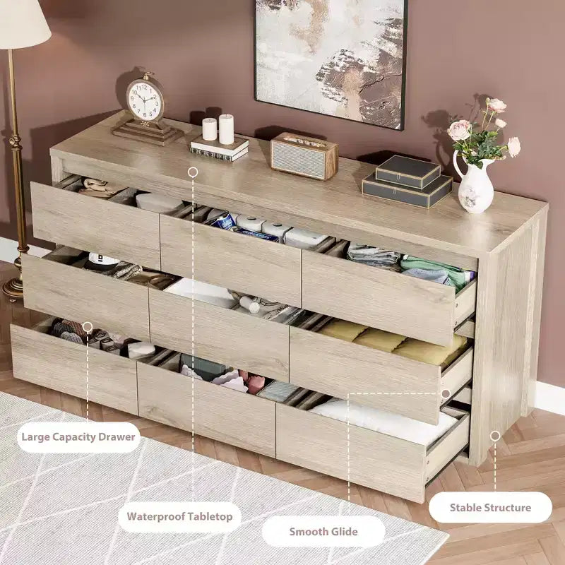 Cassettiera a 9 cassetti larga in legno moderna - Grande cassettiera per camera da letto, soggiorno e ingresso