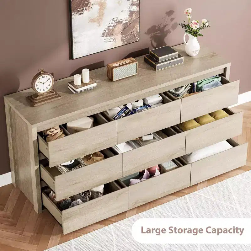Cassettiera a 9 cassetti larga in legno moderna - Grande cassettiera per camera da letto, soggiorno e ingresso